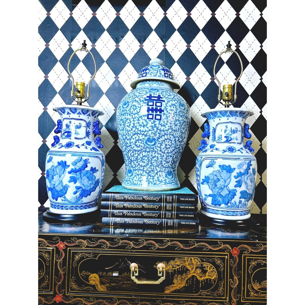 Chinoiserie Blue White Porcelain Lamp Pair Foo Dog Handles 26in - Picture 3 of 17